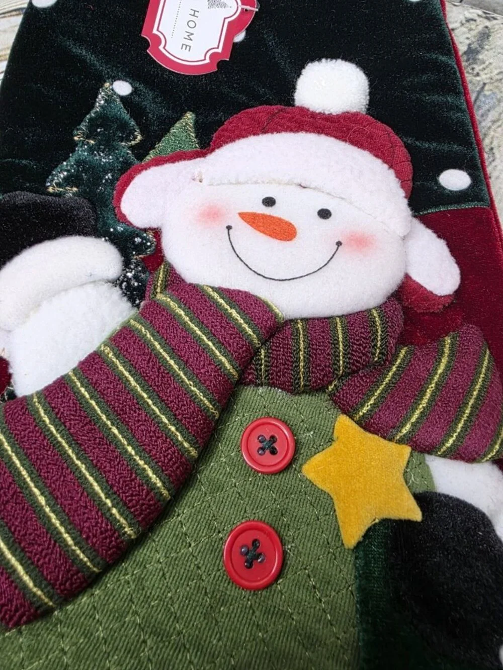 Snowman Christmas Stocking Red Green 20 Inches w Tags New Trim a Home